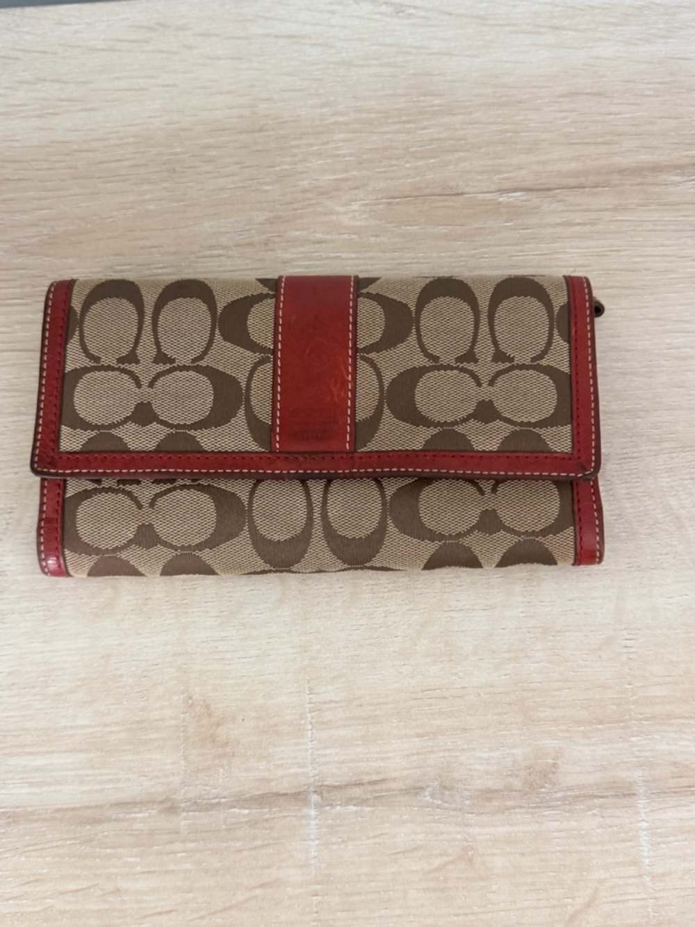 Coach Signature Canvas Trifold Wallet in Brown and Red